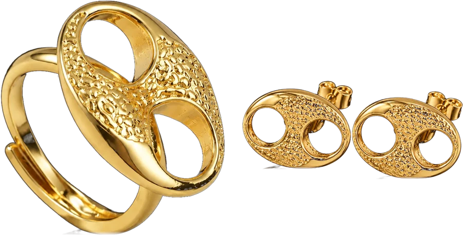 Pack Grain de caf&eacute; : boucles d&rsquo;oreilles et bague plaqu&eacute; or 18K