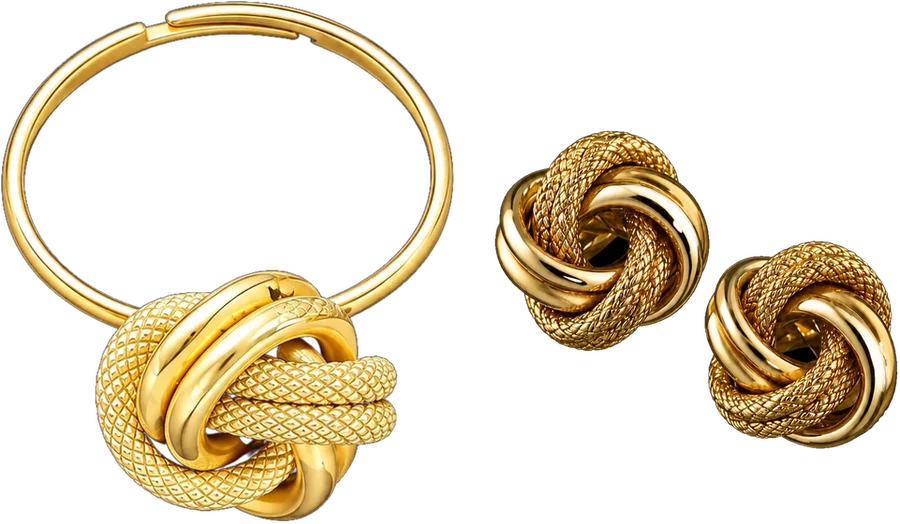 Pack N&oelig;ud : boucles d&rsquo;oreilles N&oelig;ud Classique et Bague N&oelig;ud plaqu&eacute; or 18K