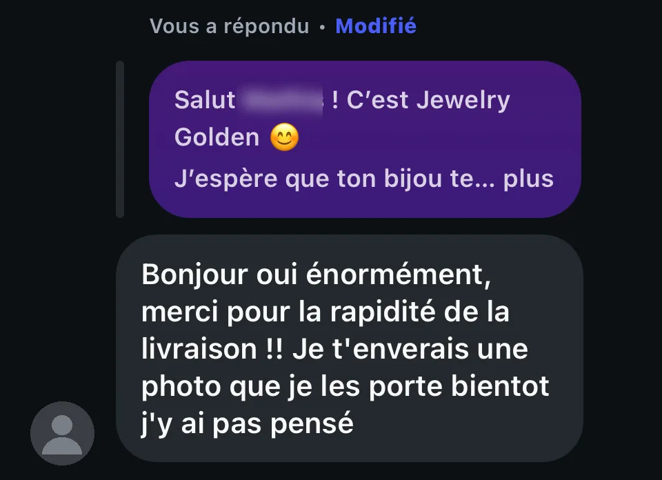 Message d'un client : bien reçu, merci pour la rapidité de la livraison
