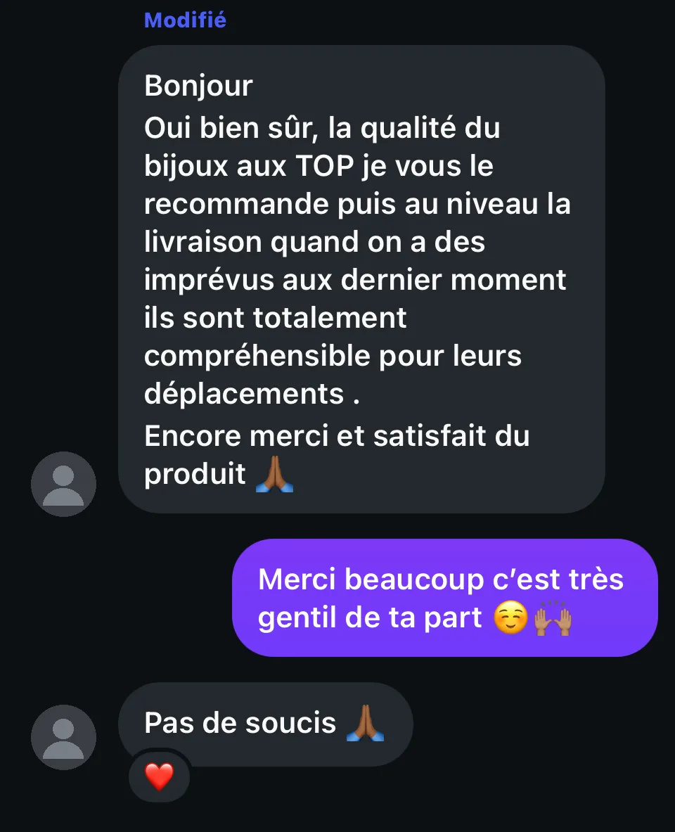 Message d'un client : qualité du bijou au top, je vous le recommande