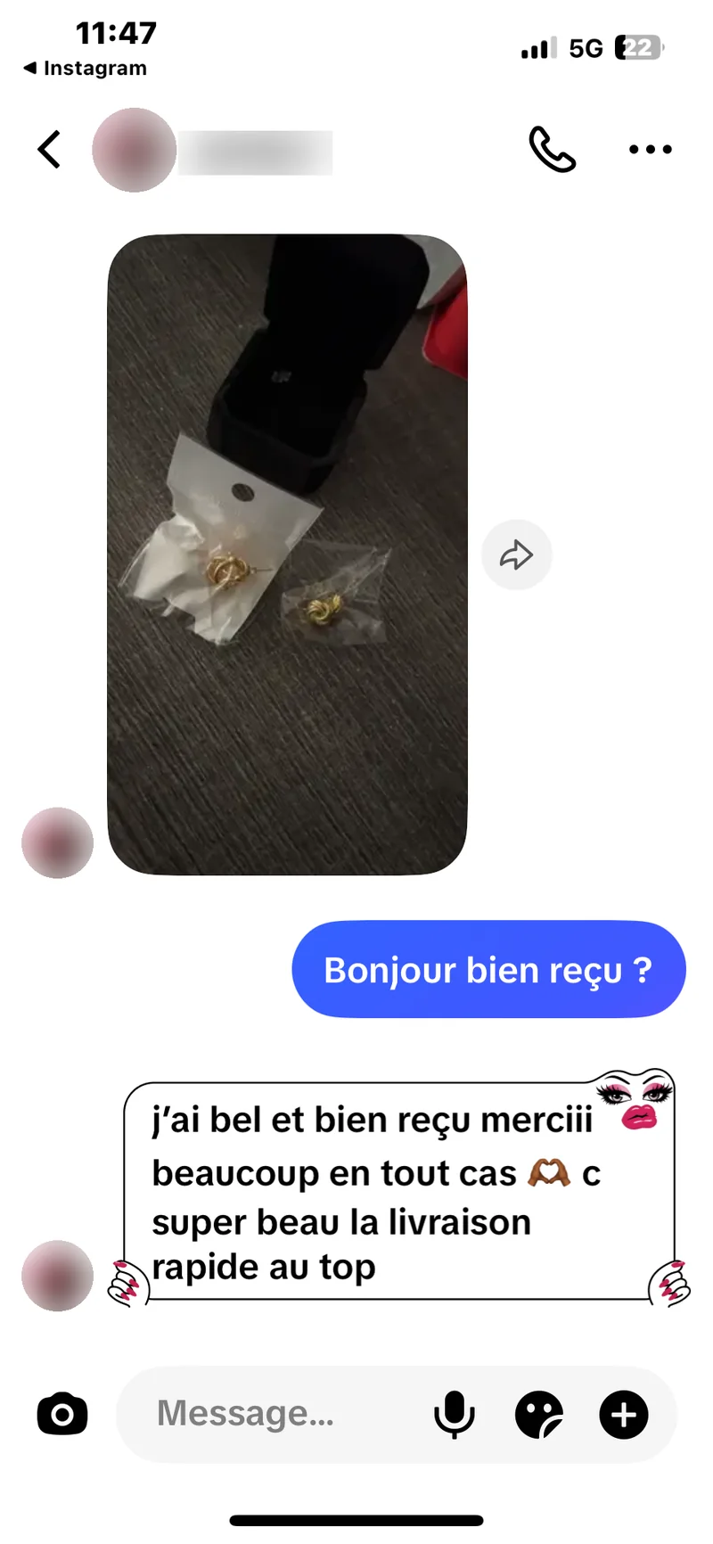 Message d'une cliente : bien reçu, merci beaucoup, livraison rapide au top